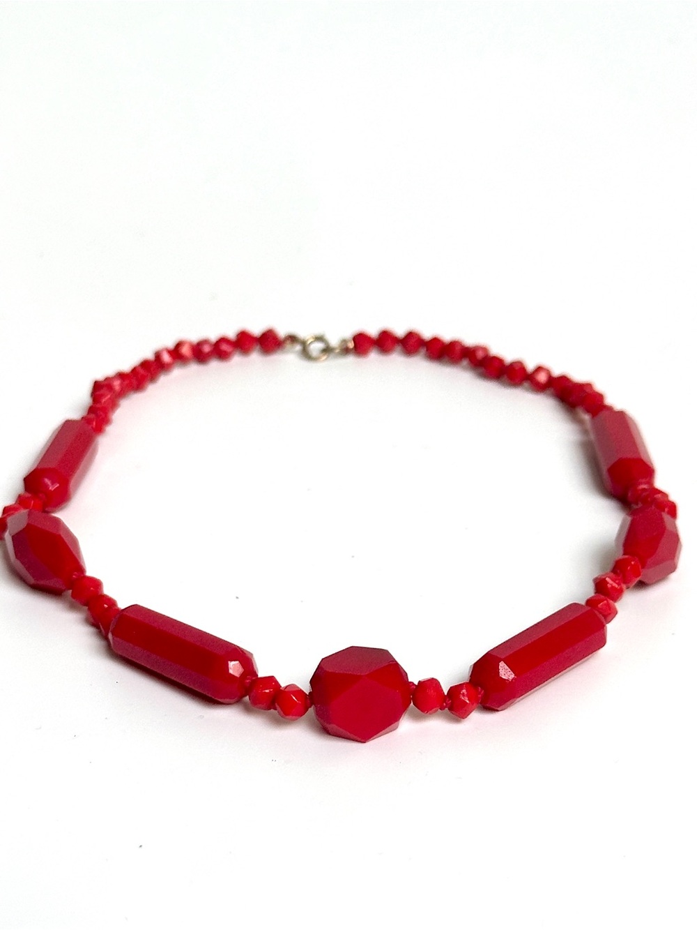Vintage Red Faceted Glass Bead Choker Necklace Retro Statement Jewelry